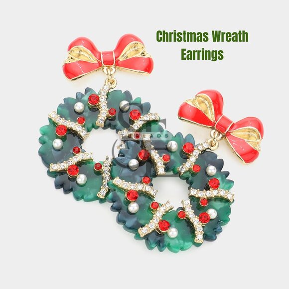 Holiday Christmas Wreath Earrings 🎀 Red Bow, Festive Statement Jewelry - Picture 3 of 3